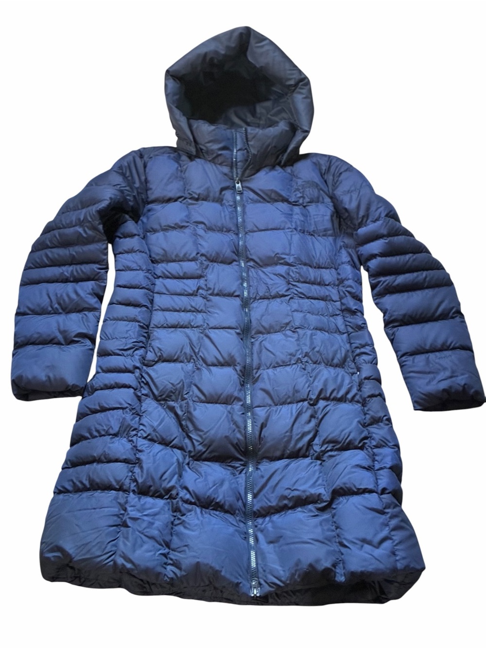 The North Face navy blue long down hooded puffer coat Sz Large